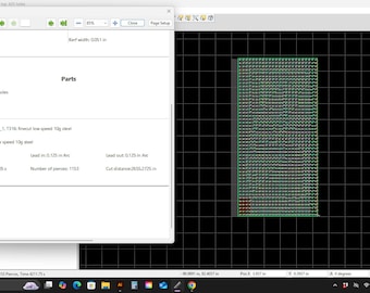 May include: A computer screen displays a technical diagram with a grid background and a rectangular shape filled with small dots. Text includes "Parts," measurements in inches, and technical specifications for a plasma cutting process.
