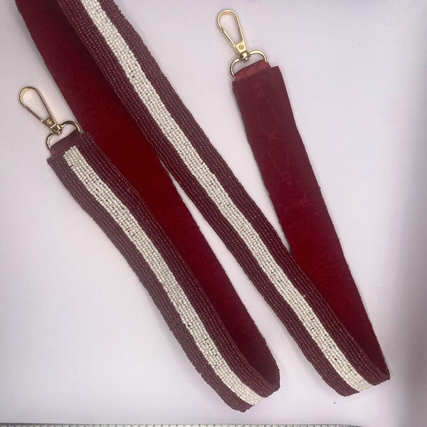 Maroon and White Stripe beaded purse strap