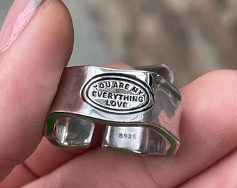 You Are My Everything Love Ring , Letter Carving Ring, Green Enamel Carving Ring, 925 Ring, Unisex Ring