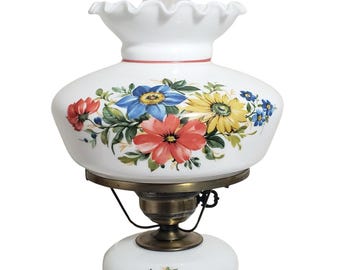Vintage Hurricane Lamp White Milk Glass Blue Red Yellow Floral 17" - 19" Tall Rewired