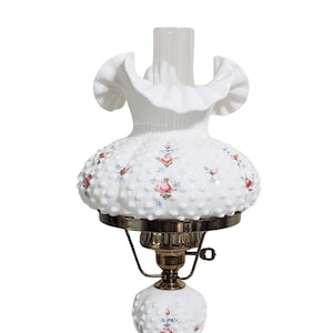 Vintage Fenton White Melon Hobnail Hurricane Lamp with Pink Roses 20&quot; - 21&quot; Tall - New Wiring and Switch / Socket Installed