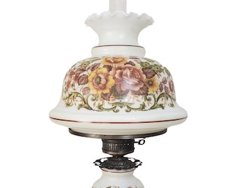 Vintage Quoizel Hurricane Lamp White Yellow Brown Green Roses 26" - 28 1/2" Tall