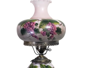Vintage Hurricane Lamp Pink Purple Grapes Very large 27" - 28" Tall All New Wiring Switch / Socket