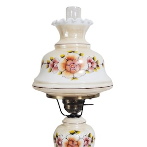 Vintage Hurricane Lamp Ivory with Pink and Orange Floral 21&quot; - 23&quot; Tall