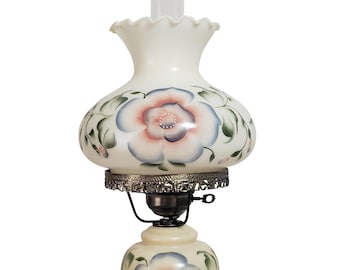Vintage Hurricane Lamp Off White Cream Pink Floral Flowers Frosted 21" - 23" Tall