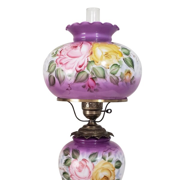 Stunning Vintage Hurricane Lamp Purple with Pink & Yellow Roses 28" - 30" Tall - All New Wiring and Switch / Socket Installed