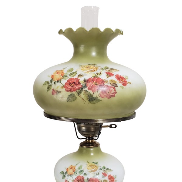 Vintage Hurricane Lamp Green with with Yellow Roses & Florals 20 1/2" - 23" Tall All New Wiring Socket / Switch