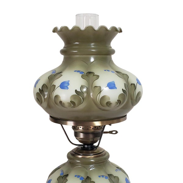 Vintage Accurate Casting Hurricane Lamp Green with Blue Flowers 18" - 19" Tall