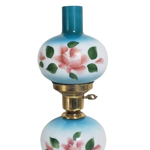 Vintage Hurricane Parlor Lamp Bblue White Pink Roses Flowers 14 1/2" Tall