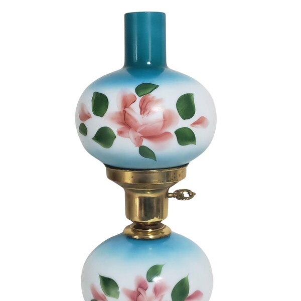 Vintage Hurricane Parlor Lamp Bblue White Pink Roses Flowers 14 1/2" Tall