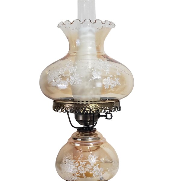 Vintage Hurricane Lamp Clear Smokey Floral 19 1/2" - 22"