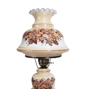 Vintage Hurricane Lamp Tan & White with Floral Flowers 26&quot; - 27&quot; Tall
