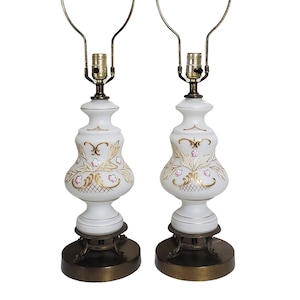 Vintage Set of 2 Table Lamps Bavarian Bristol White w Gold Pink 28&quot; Tall Made in Germany