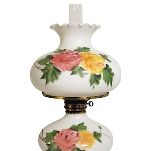 Vintage  Hurricane Lamp Frosted White Yellow & Pink Roses Floral 23&quot; - 26&quot; Tall