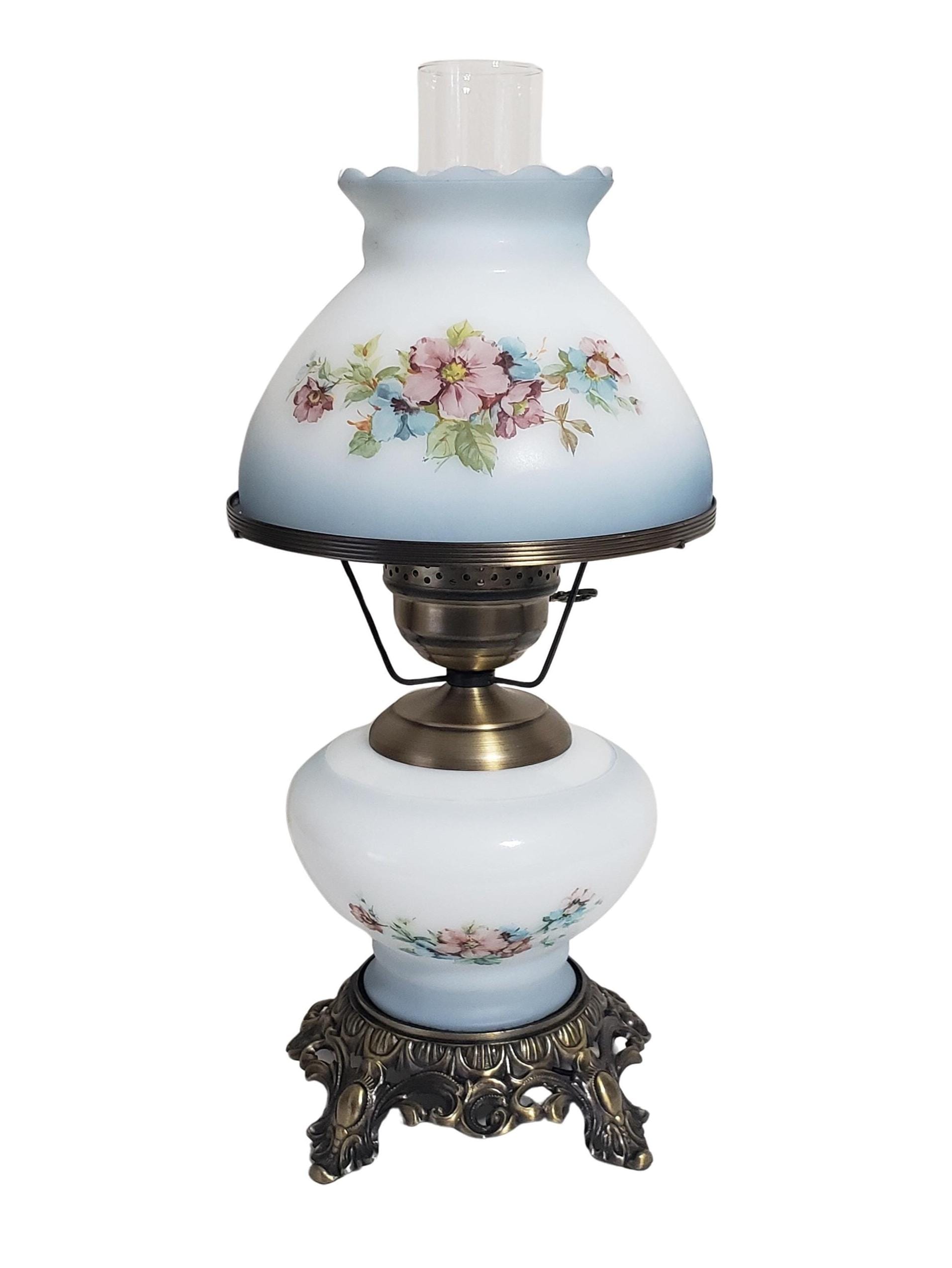 Vintage Hurricane Lamp Blue and White With Pink Floral Flowers