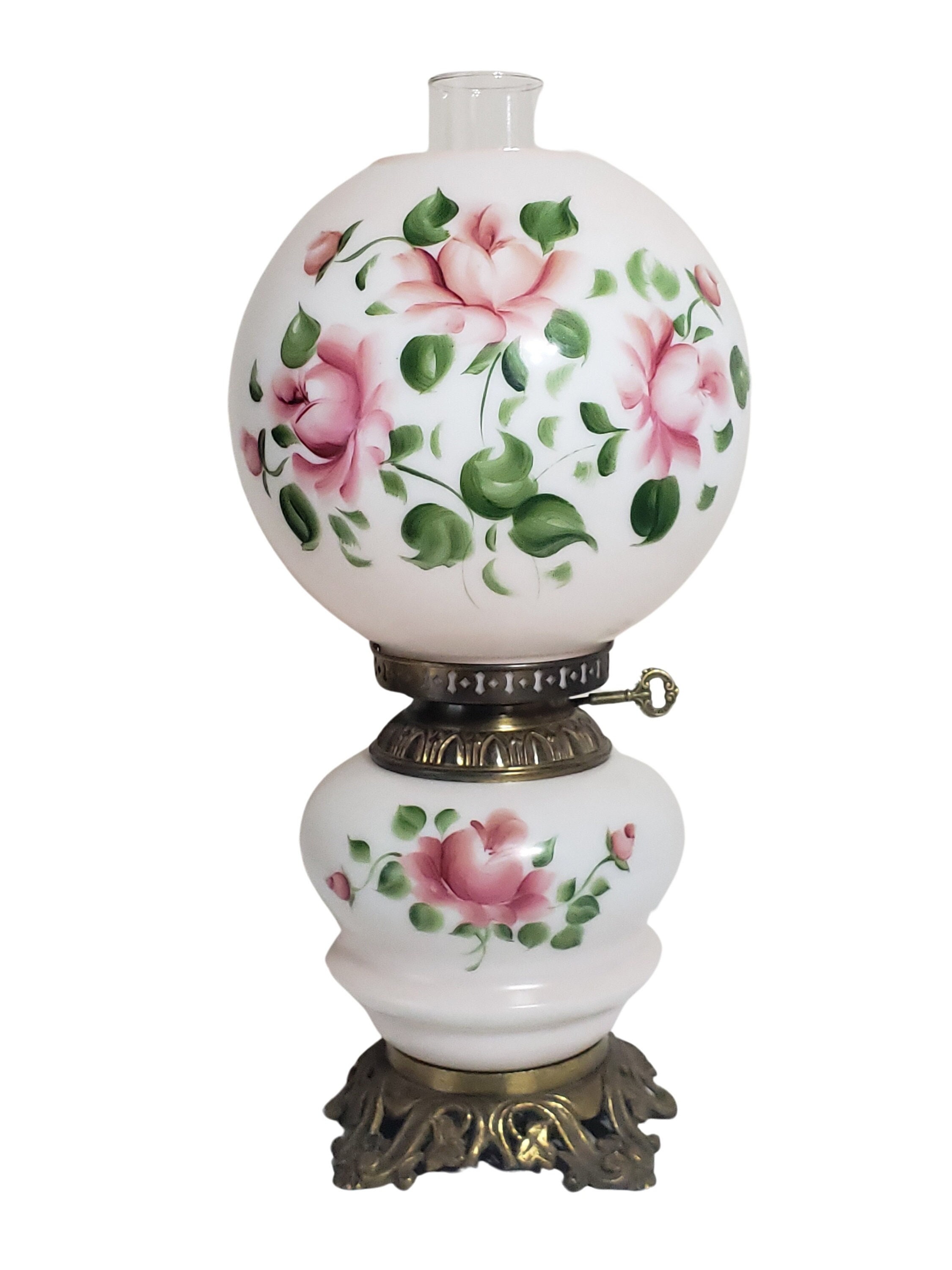 Vintage Hurricane Lamp Round Globe Ball Light Pink With Pink Roses