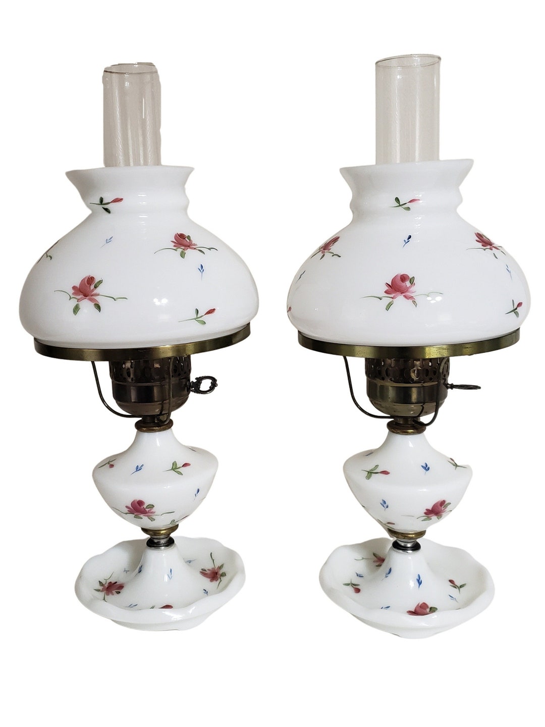 Vintage Milk Glass Table Lamps Set of 2 White / Pink Roses Etsy