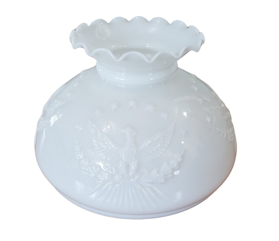 Vintage Hurricane Lamp Shade White Milk Glass Embossed Eagle Fits 10