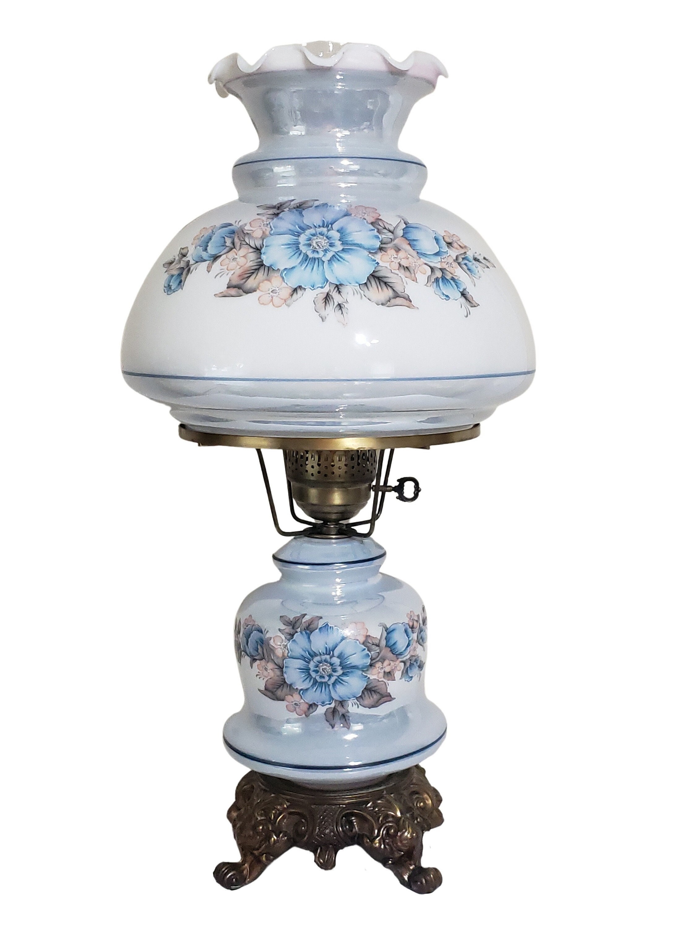 Vintage Hurricane Lamp Blue Floral Large 26 27 Etsy
