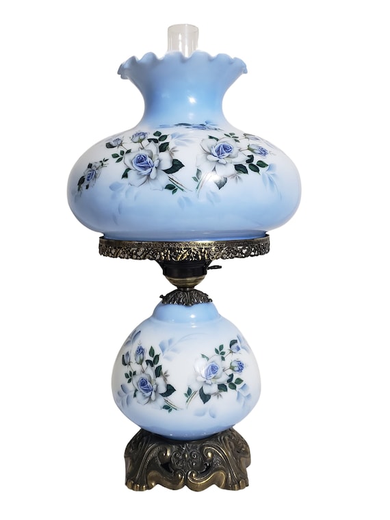 Vintage Falkenstein Hurricane Lamp White Blue Roses Large 24 26 1
