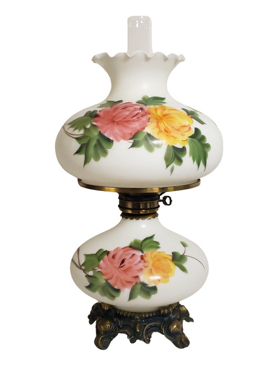 Vintage Hurricane Lamp Frosted White Yellow & Pink Roses Floral 23