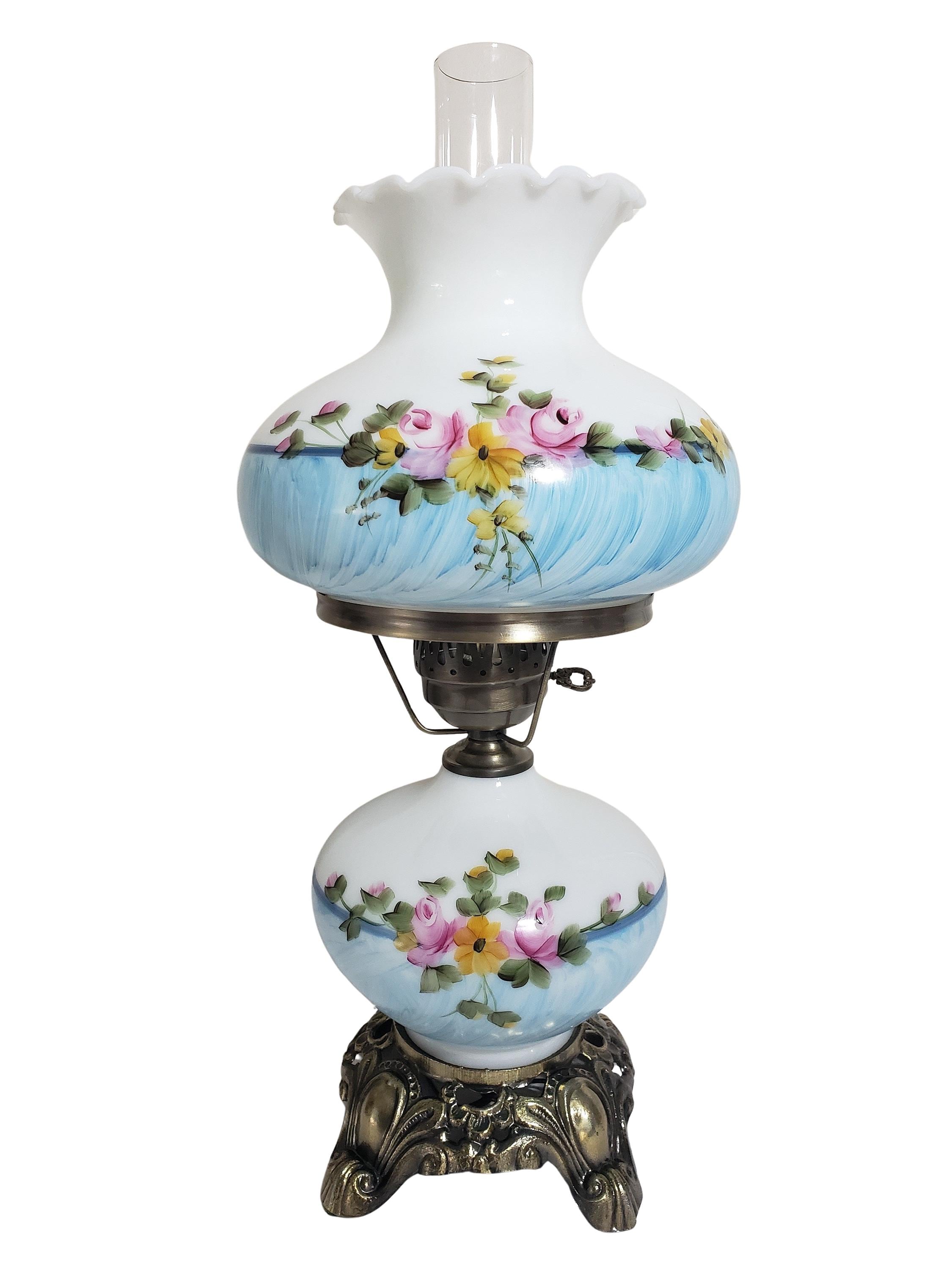 Vintage Hurricane Lamp White and Blue With Pink Roses & Flowers 20