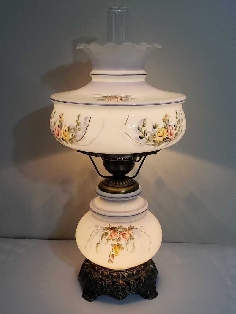 Vintage Quoizel Hurricane Lamp White / Blue Ruffled Roses Etsy