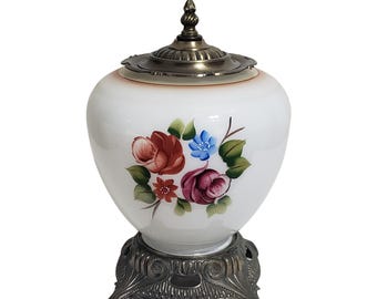 Vintage Hurricane Lamp Table Lamp Night Light White with Pink and Red Roses 12" Tall