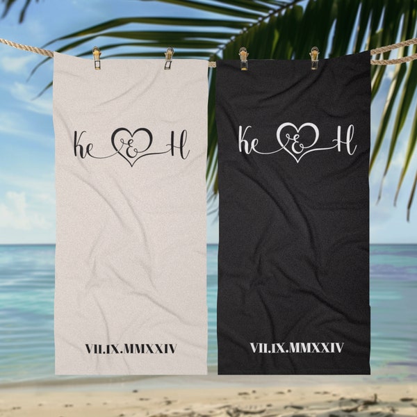 Monogram Beach Towel, Custom Couple Towel, Custom Name Towel, Roman Numeral Couple, Honeymoon Beach Towel, Wedding Gift, His and Hers Gift