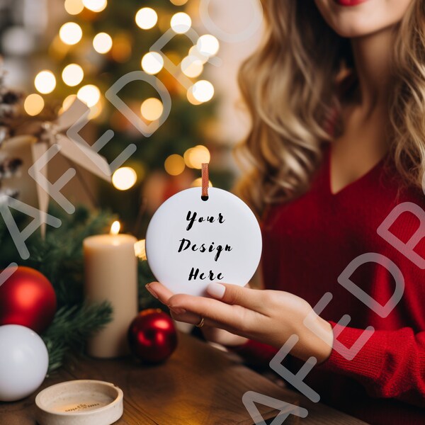 Christmas Ornament Mockup with Model, Round White Ceramic Ornament on Hand, Flat Round Christmas Ornament Mock-up