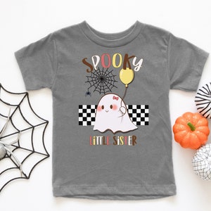 Kids Halloween Spooky Little Sister Checkerboard Shirt, Ghost Retro, Cute Siblings