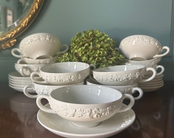 Wedgwood Creamware Queensware embossed 5” double handled soup bowls with saucers