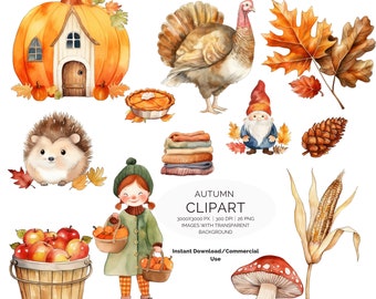 26 digital Autumn PNG Watercolor Clipart Bundle, Nursery Decor, Sublimation, Commercial License