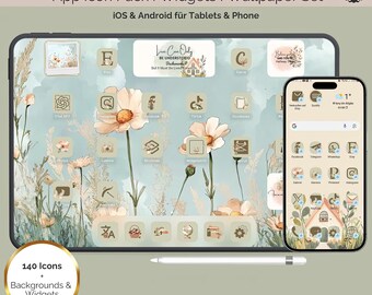 May include: A digital illustration of a phone screen with a cottagecore themed app icon pack. The icons are arranged in a grid and feature a variety of cute and whimsical designs. The background is a soft blue with white flowers and green foliage. The text "Love Can Only Be Understood Backwards" is displayed on the screen.