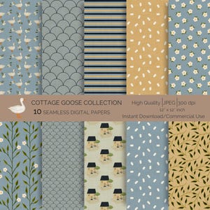 Könnte beinhalten: Eine Sammlung von zehn nahtlosen digitalen Papieren mit verschiedenen Mustern. Designs umfassen Gänse, Muschelformen, Streifen, Punkte sowie Blumen- und Cottage-Motive. Die Papiere sind 30.48 cm x 30.48 cm groß und Teil der Cottage Goose Collection.