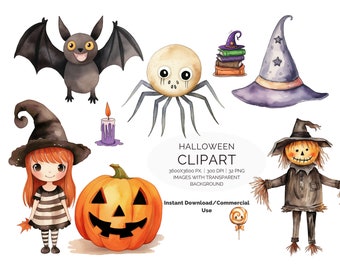 32 digital Halloween PNG Watercolor Clipart Bundle, Sublimation, Commercial License