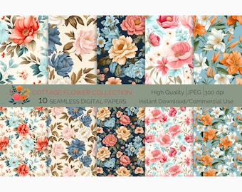 10 Cottage Flowers Seamless Pattern, Digital Papers, Scrapbooking, Country Style, Sublimation, Commercial License