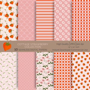Könnte beinhalten: Set mit 10 digitalen Papieren mit Cottagecore-Erdbeermustern. Die Muster umfassen Erdbeeren, Blumen, Punkte, Gingham und Schuppen. Die Papiere sind 30,5 cm x 30,5 cm groß und haben 300 dpi.