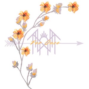 Peut inclure: Illustration à l'aquarelle d'une branche florale avec des fleurs orange et des tiges grises. L'image comprend une flèche violet clair et un motif géométrique avec le texte "For Once" en or.