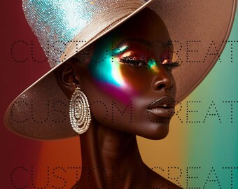Beautiful Melanin Dripping Woman, Iridscent, PNG, Framed, Housewarming, Digital download, wedding gift, Fancy, Bougie Hat, mug desin, Tshirt