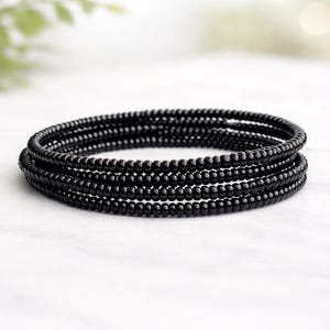 Black Memory Wire Bracelet | Seed Bead Stackable Cuff | Boho Bangle Jewelry | Goth