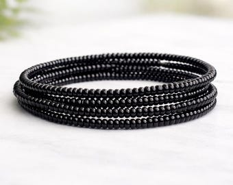 Beaded Black Bracelet | Memory Wire Seed Bead Stackable Cuff | Boho Bangle Jewelry | Goth