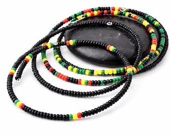 Rasta Beaded Bracelet Set | Red Yellow Green Black Seed Beads | 5pc Stackable Bracelet Set | African Inspired Jewelry | Festival Stack