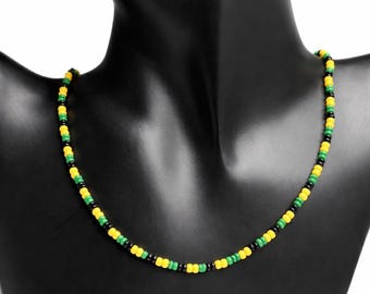 Jamaican Necklace | Beaded Choker Yellow Black Green Jamaica Choker | African Jewelry | Rasta Reggae