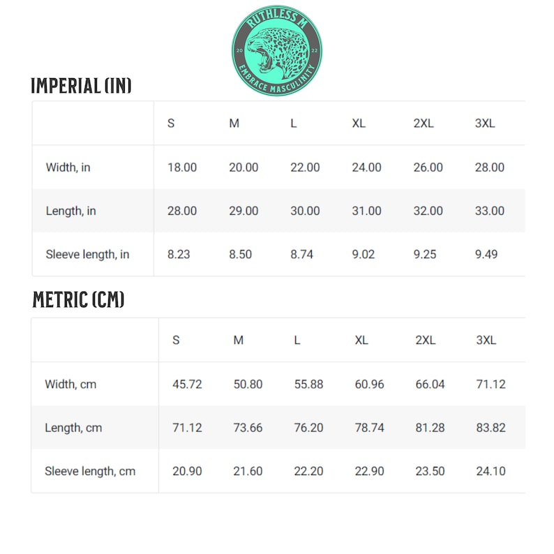 May include: Size chart for a garment with measurements in inches and centimeters. The chart shows the width, length, and sleeve length for sizes S through 3XL.