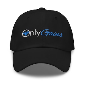 May include: Black baseball cap with a white circle and a blue "Only Gains" logo embroidered on the front.