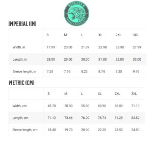 May include: Size chart for a garment with measurements in inches and centimeters. The chart shows the width, length, and sleeve length for sizes S through 3XL.