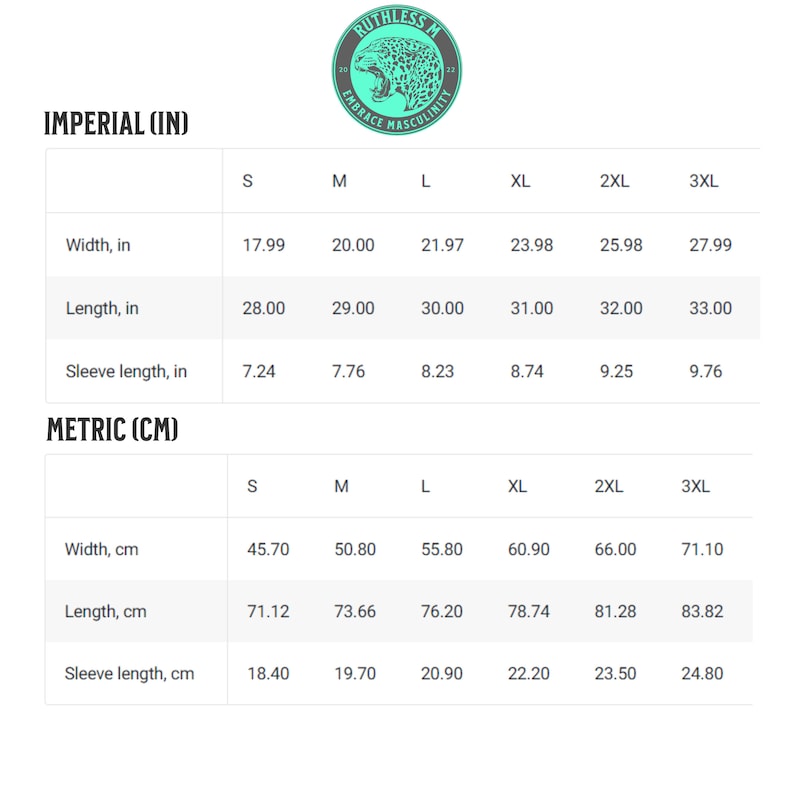 May include: Size chart for a garment with measurements in inches and centimeters. The chart shows the width, length, and sleeve length for sizes S through 3XL.