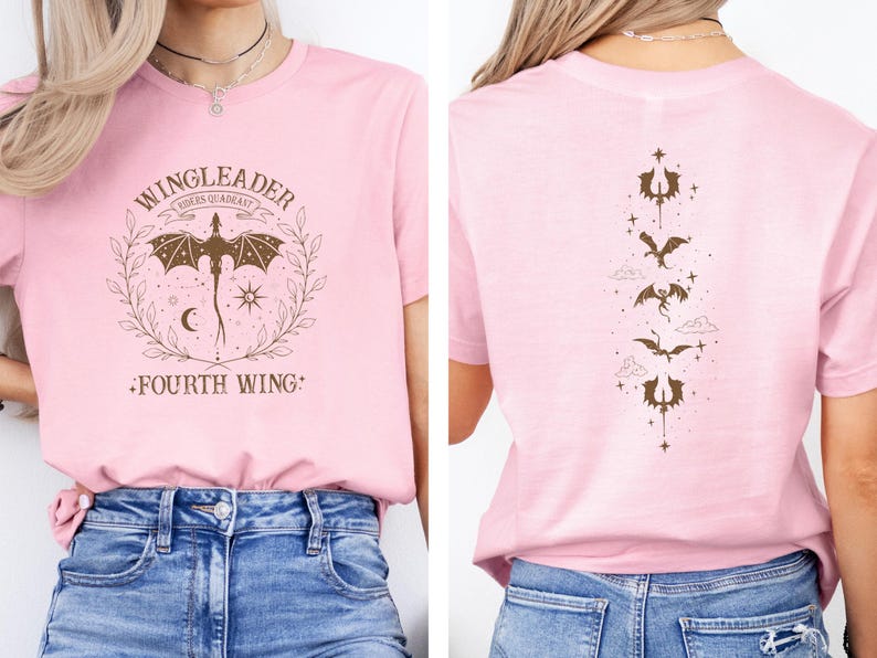 May include: Pink t-shirt with a brown graphic of a dragon and the text "WINGLEADER RIDERS GUILD" and "FOURTH WING". The back of the shirt has a vertical line of brown dragon graphics.