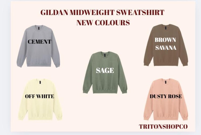a collection of five midweight sweatshirts in various colors, including gray, green, brown, off white, and dusty rose.